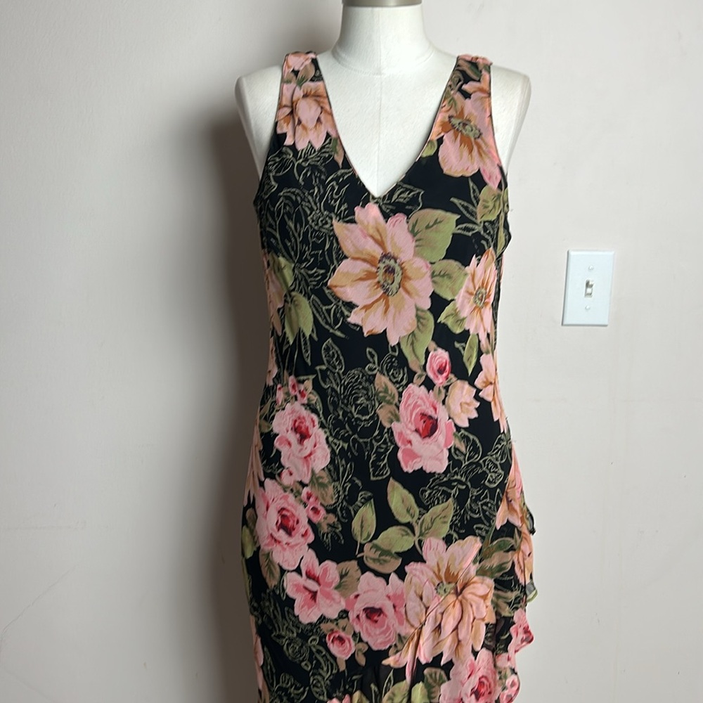 Vintage Eva Blue Chiffon Floral Layered Skirt Maxi Black Pink Dress size 12 - Picture 3 of 17